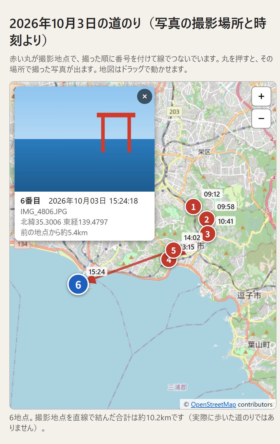 架空の日帰り旅行の写真6枚(作り物の絵)から作られたページ。地図の上に撮った順の番号の丸と線があり、6番の丸を押して江の島の海と鳥居の写真が出た状態