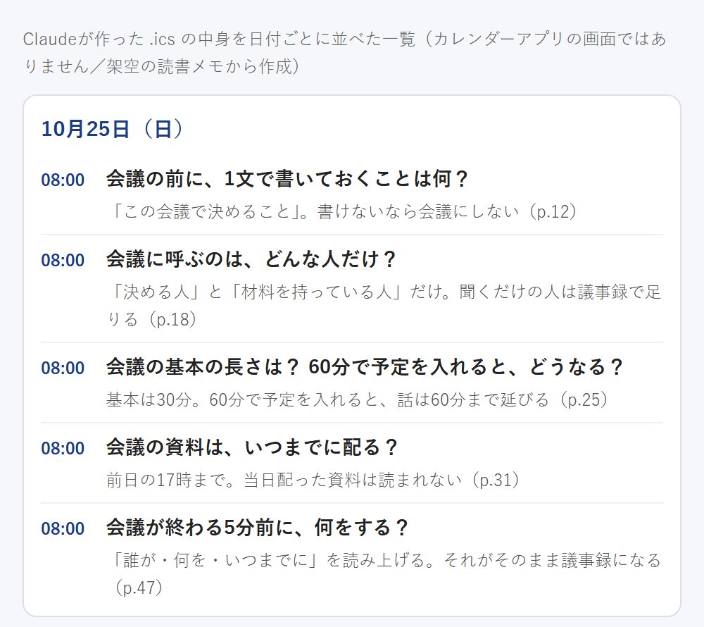 架空の読書メモからClaudeが作った .ics ファイルの中身を、日付ごとに並べて描いた一覧（カレンダーアプリの画面ではない）。10月25日（日）の朝8時に、会議の段取りについての問題5問と、それぞれの答えが並んでいる